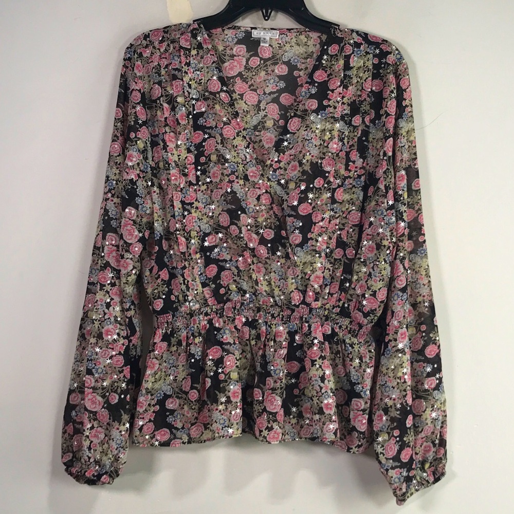 Senlis Floral V-Neck Long Sleeve Blouse, Women's Size M - Black/Pink